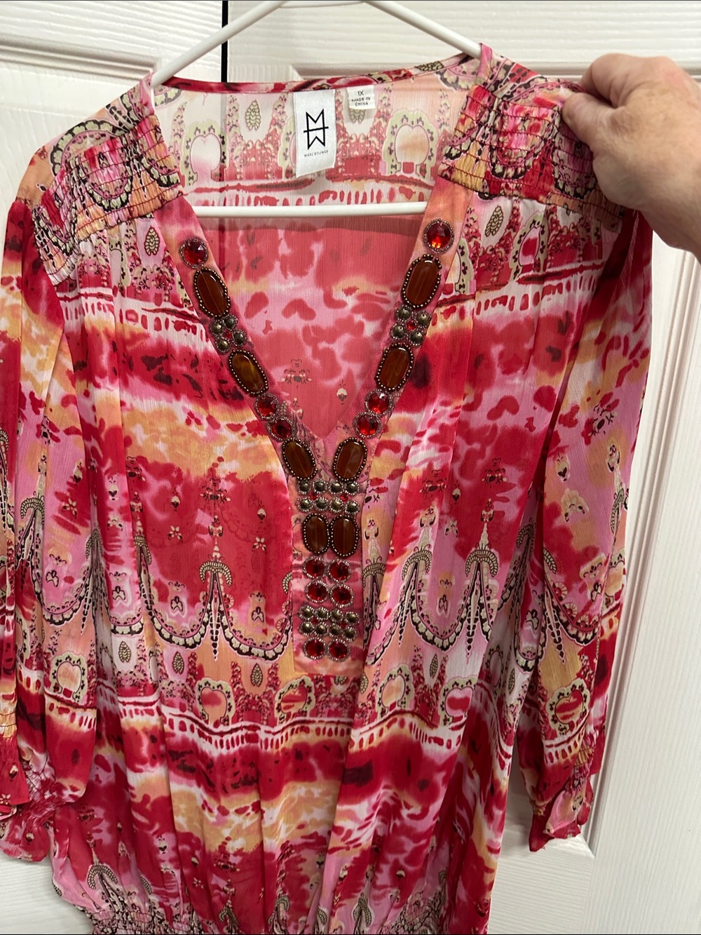 Marc Bouwer Pink Peach Beaded V-Neck Tunic Top